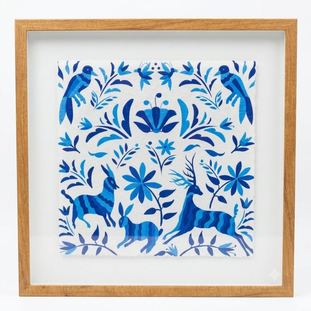 World Market 19x19 Framed Blue Folk Art Animals Textured Deckled Paper Print